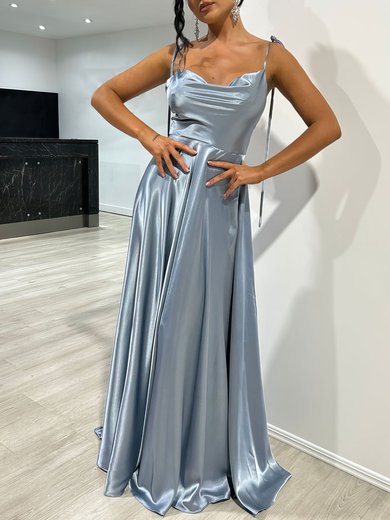 A-line Cowl Neck Silk-like Satin Floor-length Prom Dresses With Split Front #Milly020117876