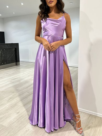 A-line Cowl Neck Silk-like Satin Floor-length Prom Dresses With Split Front #Milly020117878
