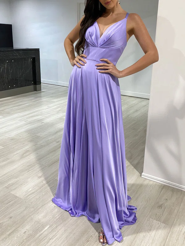 A-line V-neck Silk-like Satin Floor-length Prom Dresses With Ruffles #Milly020117888