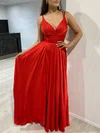 A-line V-neck Silk-like Satin Floor-length Prom Dresses With Ruffles #Milly020117892
