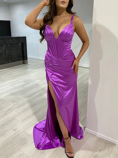 Sheath/Column V-neck Silk-like Satin Sweep Train Prom Dresses With Ruched #Milly020117901