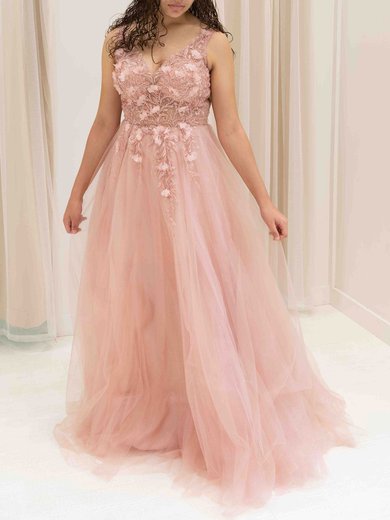 Ball Gown/Princess V-neck Tulle Floor-length Prom Dresses With Beading #Milly020117911
