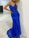 Trumpet/Mermaid V-neck Tulle Sweep Train Prom Dresses With Appliques Lace #Milly020117913