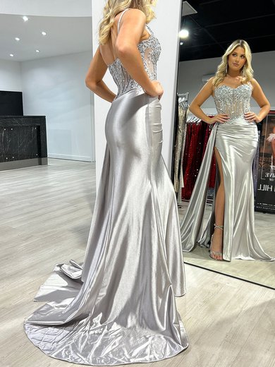 Trumpet/Mermaid Sweetheart Silk-like Satin Sweep Train Prom Dresses With Beading #Milly020117917