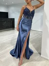 Trumpet/Mermaid V-neck Silk-like Satin Sweep Train Prom Dresses With Beading #Milly020117926