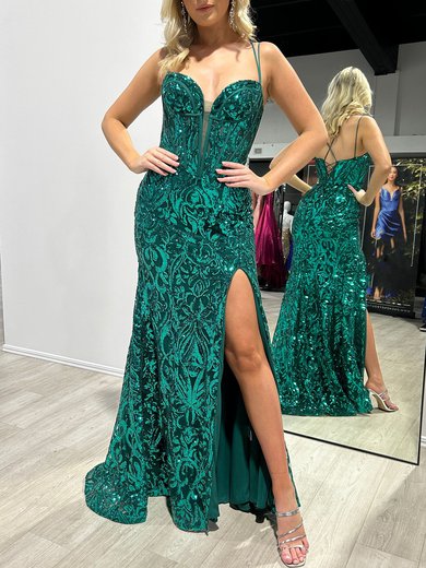 Trumpet/Mermaid V-neck Sequined Sweep Train Prom Dresses With Split Front #Milly020117933