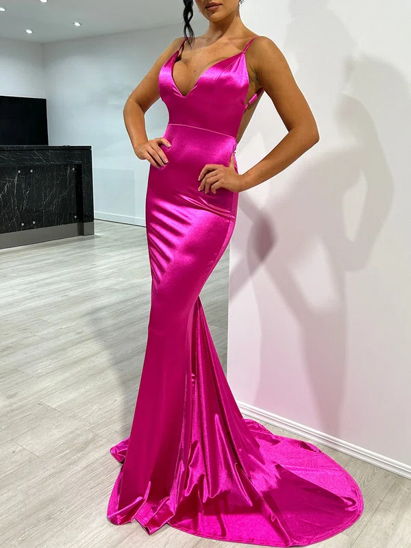 Trumpet/Mermaid V-neck Silk-like Satin Sweep Train Prom Dresses With Ruched #Milly020117934