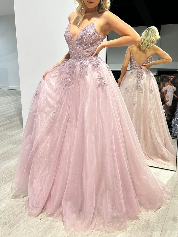 Ball Gown/Princess V-neck Tulle Glitter Sweep Train Prom Dresses With Beading #Milly020117938
