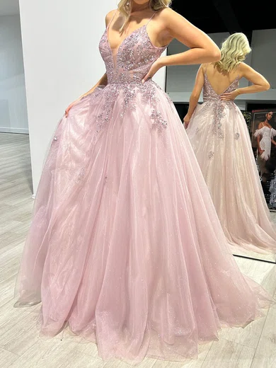 Ball Gown V-neck Backless Tulle Prom Dresses With Beading #Milly020117938