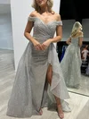 Sheath/Column Off-the-shoulder Glitter Watteau Train Prom Dresses With Ruched #Milly020117939