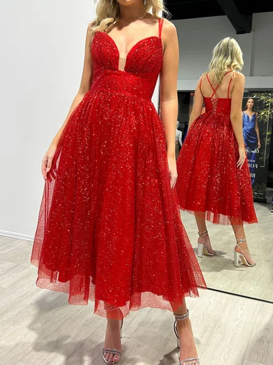 Ball Gown V-neck Ankle-length Glitter Prom Dresses With Ruched #Milly020117941