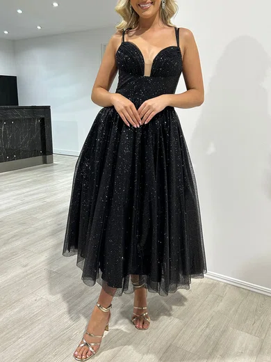 Black Ball Gown V-neck Ankle-length Glitter Prom Dresses With Ruched #Milly020117943
