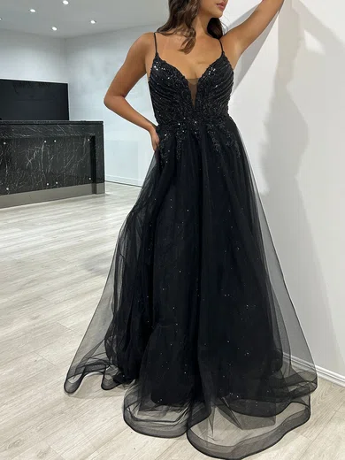 Ball Gown V-neck Floor-length Tulle Prom Dresses With Appliques #Milly020117947