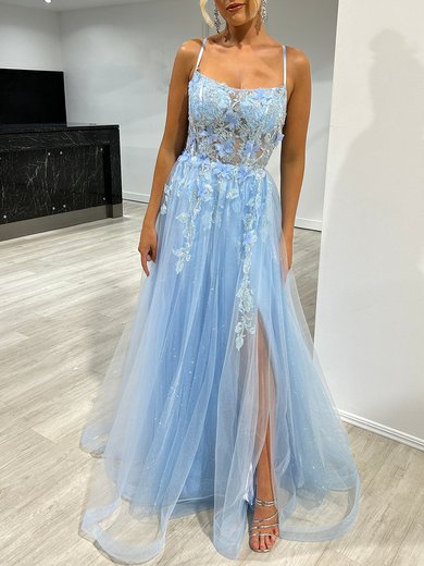 Ball Gown/Princess Square Neckline Tulle Glitter Floor-length Prom Dresses With Flower(s) #Milly020117955