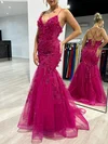 Trumpet/Mermaid V-neck Tulle Glitter Floor-length Prom Dresses With Flower(s) #Milly020117956