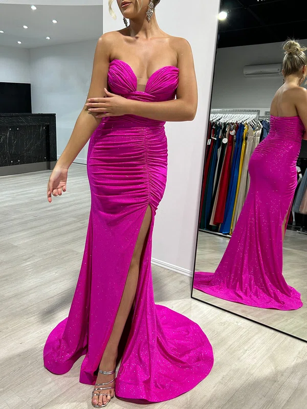 Trumpet/Mermaid V-neck Shimmer Crepe Sweep Train Prom Dresses With Ruched #Milly020117961