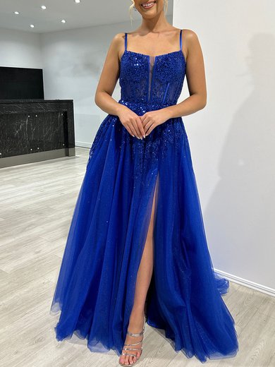 Ball Gown/Princess Square Neckline Tulle Glitter Sweep Train Prom Dresses With Split Front S020117962