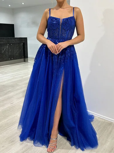Ball Gown/Princess Square Neckline Tulle Glitter Sweep Train Prom Dresses With Split Front S020117962