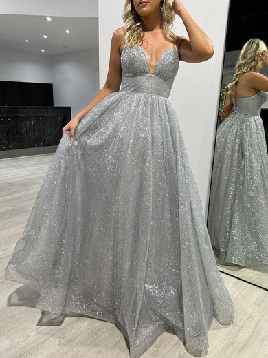 Ball Gown/Princess V-neck Glitter Floor-length Prom Dresses With Ruched #Milly020117977
