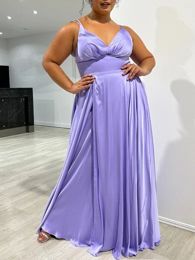 A-line V-neck Floor-length Satin Prom Dresses With Ruched #Milly020118026