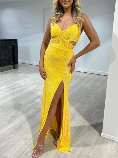 Sheath/Column V-neck Sequined Floor-length Prom Dresses With Ruched #Milly020118043