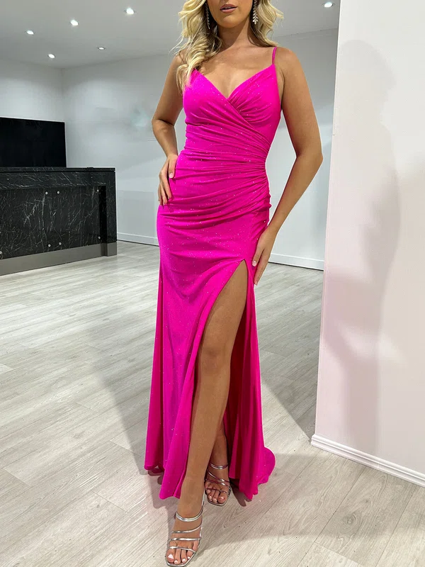 Sheath/Column V-neck Shimmer Crepe Floor-length Prom Dresses With Ruched #Milly020118046
