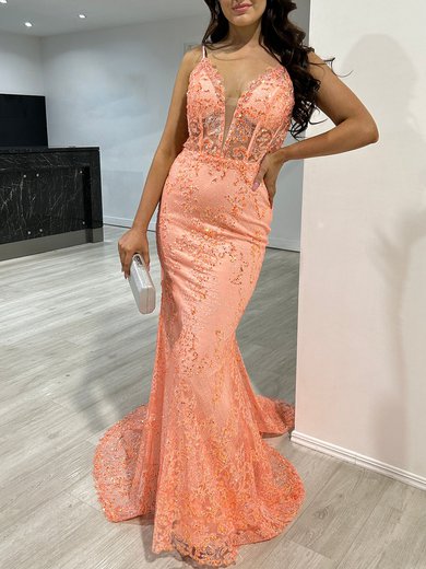 Trumpet/Mermaid V-neck Lace Tulle Sweep Train Prom Dresses With Appliques Lace #Milly020118073