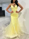 Trumpet/Mermaid V-neck Lace Tulle Sweep Train Prom Dresses With Appliques Lace #Milly020118074