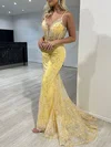 Trumpet/Mermaid V-neck Lace Tulle Sweep Train Prom Dresses With Appliques Lace #Milly020118076