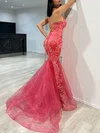 Trumpet/Mermaid V-neck Lace Tulle Floor-length Prom Dresses With Appliques Lace #Milly020118081