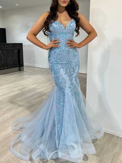 Trumpet/Mermaid V-neck Tulle Lace Floor-length Prom Dresses With Appliques Lace S020118082
