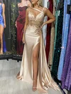 Trumpet/Mermaid V-neck Silk-like Satin Sweep Train Prom Dresses With Appliques Lace #Milly020118089