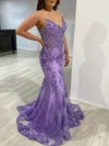 Trumpet/Mermaid V-neck Tulle Sweep Train Prom Dresses With Appliques Lace #Milly020118096