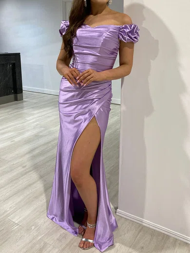Sheath/Column Off-the-shoulder Satin Prom Dresses With Ruched #Milly020118098