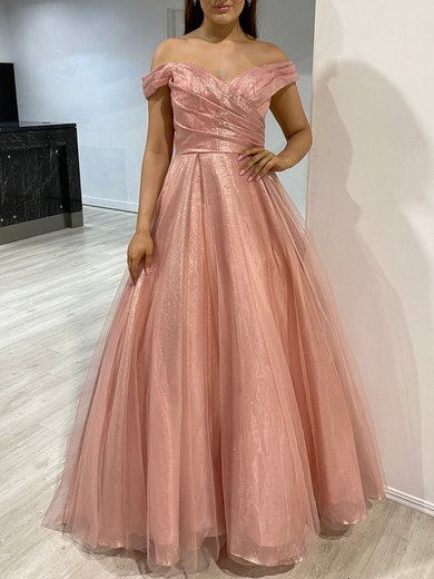 Ball Gown/Princess Off-the-shoulder Glitter Floor-length Prom Dresses With Ruched #Milly020118114