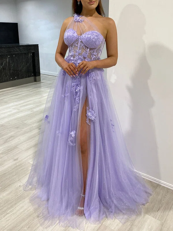 Ball Gown/Princess One Shoulder Tulle Glitter Sweep Train Prom Dresses With Appliques Lace S020118115