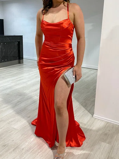 Red Mermaid Cowl Neck Satin Prom Dresses With Ruched #Milly020118130