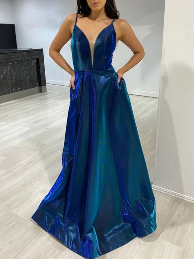 A-line V-neck Floor-length Sparkly Prom Dresses #Milly020118137