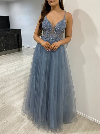 Ball Gown/Princess V-neck Tulle Glitter Floor-length Prom Dresses With Beading S020118144