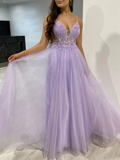 Ball Gown V-neck Tulle Prom Dresses With Appliques #Milly020118145