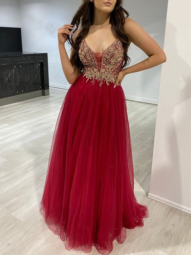 Ball Gown/Princess V-neck Tulle Glitter Floor-length Prom Dresses With Beading #Milly020118146