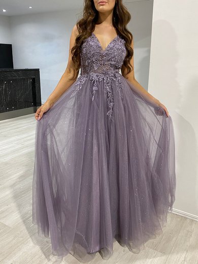 Ball Gown/Princess V-neck Tulle Glitter Floor-length Prom Dresses With Beading #Milly020118173