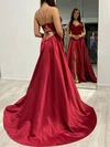 Ball Gown/Princess V-neck Satin Sweep Train Prom Dresses With Beading #Milly020118174