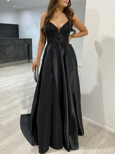 Black A-line V-neck Satin Prom Dresses With Beading #Milly020118179