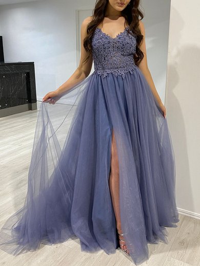Ball Gown/Princess V-neck Tulle Sweep Train Prom Dresses With Beading #Milly020118180