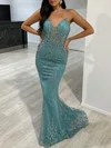Trumpet/Mermaid V-neck Tulle Sweep Train Prom Dresses With Appliques Lace #Milly020118181