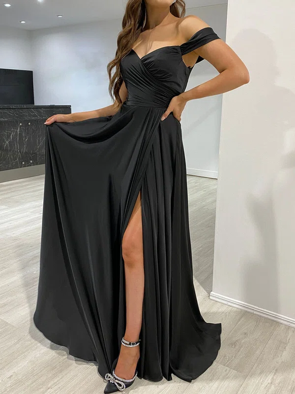 Black A-line Off-the-shoulder Satin Prom Dresses With Ruched #Milly020118184