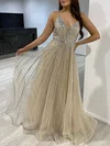 Ball Gown/Princess V-neck Tulle Floor-length Prom Dresses With Beading #Milly020118305