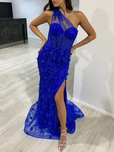 Trumpet/Mermaid One Shoulder Tulle Sweep Train Prom Dresses With Flower(s) #Milly020118311