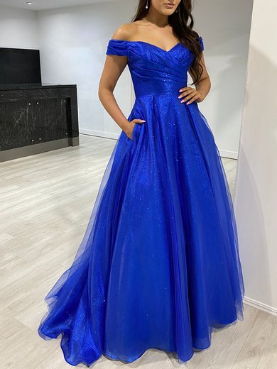 Ball Gown/Princess Off-the-shoulder Tulle Glitter Sweep Train Prom Dresses With Pockets #Milly020118312